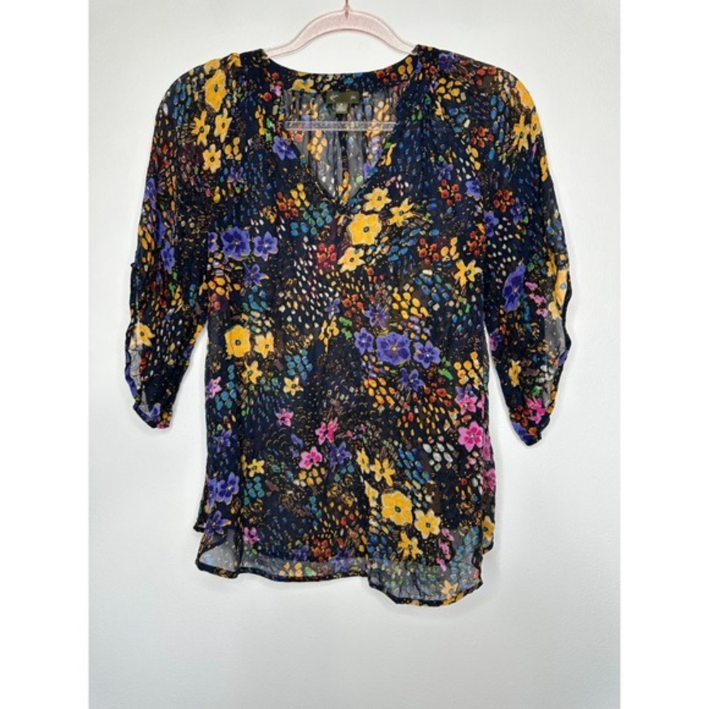 Fei Anthropologie Sheer Silk‎ Blouse Size 6 Black Floral Batwing Fairy